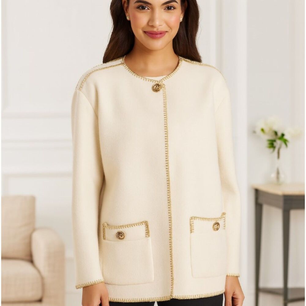 Aqua Sheen Cardigan Vintage Eggshell White Polar Fleece Sweater Gold Trim Size L